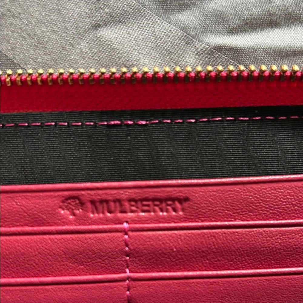 Mulberry Pink Zip-Around Wallet with Gold Tree Emblem